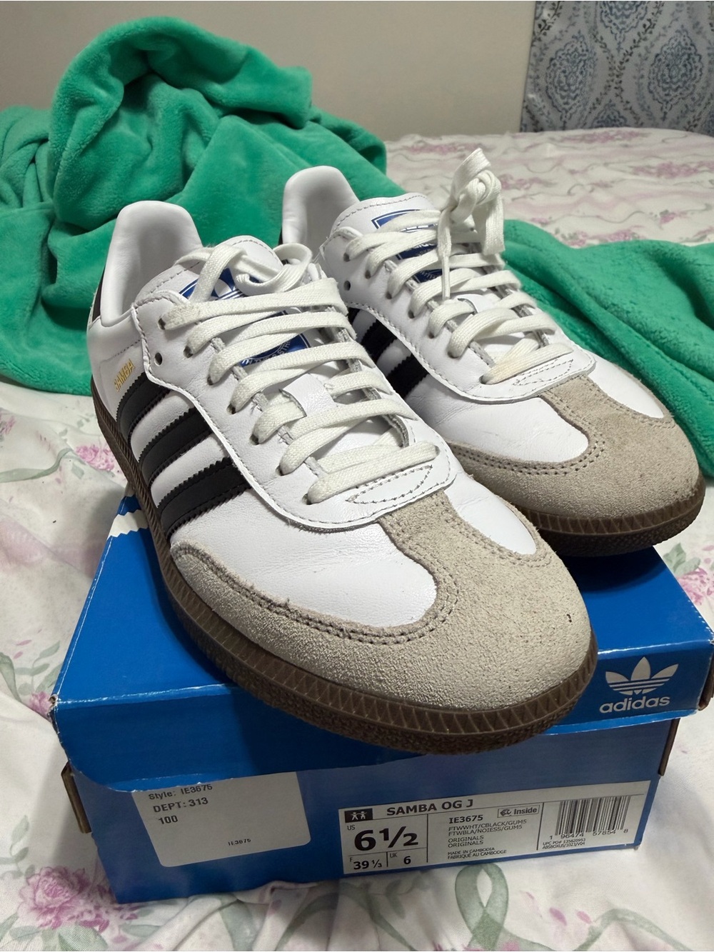 big kids adidas Samba OG White with Black Stripes and Gum Sole